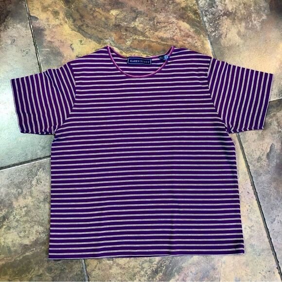 Karen Scott Purple and White Striped Tee Shirt Size Large - Picture 1 of 8